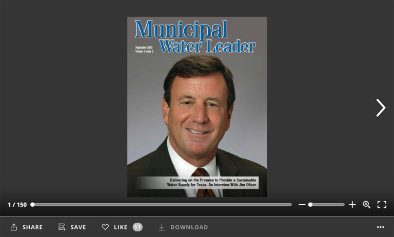 Screenshot of flipbook PDF reader for Municipal Water Leader September 2015. Volume 1 Issue 2.