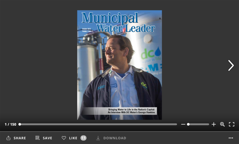 Screenshot of flipbook PDF reader for Municipal Water Leader October 2015. Volume 1 Issue 3.