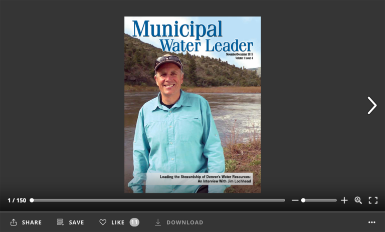 Screenshot of flipbook PDF reader for Municipal Water Leader November/December 2015. Volume 1 Issue 4.