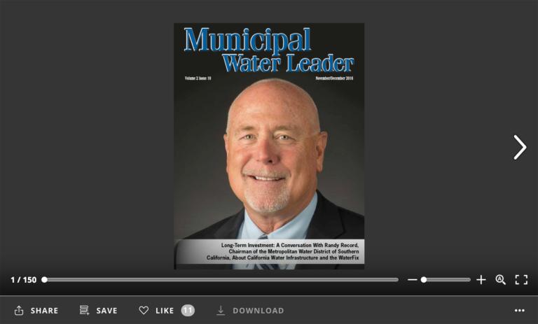 Screenshot of flipbook PDF reader for Municipal Water Leader November/December 2016. Volume 2 Issue 10.