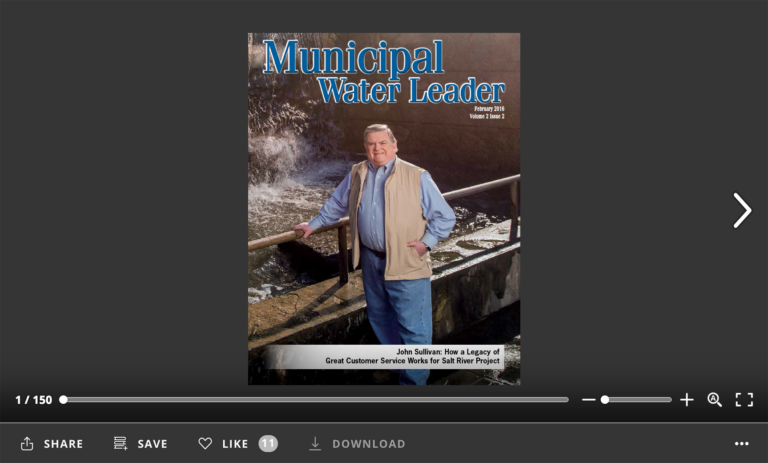 Screenshot of flipbook PDF reader for Municipal Water Leader February 2016. Volume 2 Issue 2.
