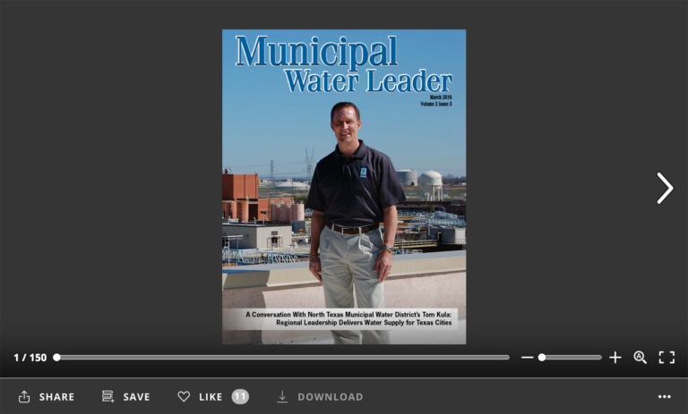 Screenshot of flipbook PDF reader for Municipal Water Leader March 2016. Volume 2 Issue 3.