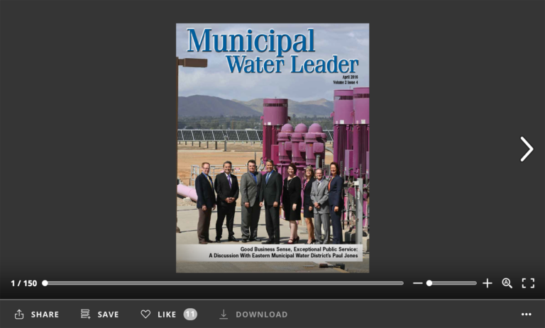 Screenshot of flipbook PDF reader for Municipal Water Leader April 2016. Volume 2 Issue 4.