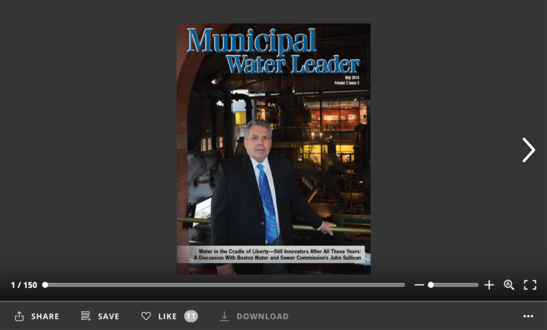 Screenshot of flipbook PDF reader for Municipal Water Leader May 2016. Volume 2 Issue 5.