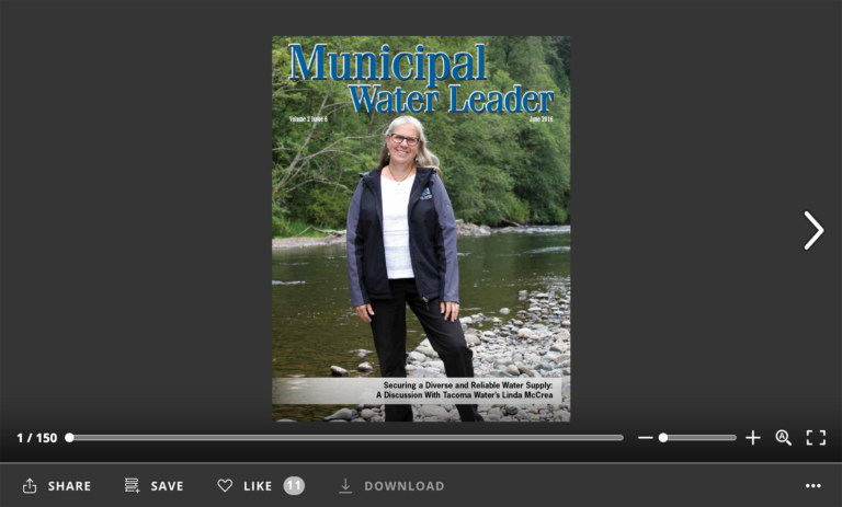 Screenshot of flipbook PDF reader for Municipal Water Leader June 2016. Volume 2 Issue 6.