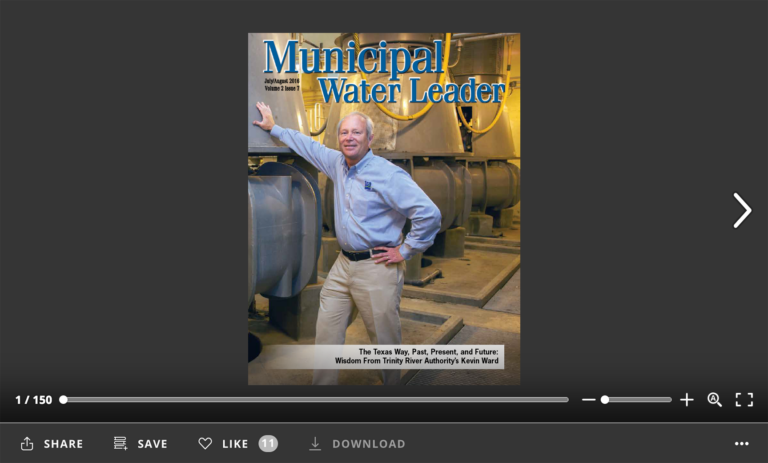 Screenshot of flipbook PDF reader for Municipal Water Leader July/August 2016. Volume 2 Issue 7.