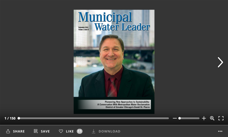 Screenshot of flipbook PDF reader for Municipal Water Leader September 2016. Volume 2 Issue 8.