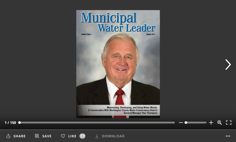 Screenshot of flipbook PDF reader for Municipal Water Leader January 2017. Volume 3 Issue 1.