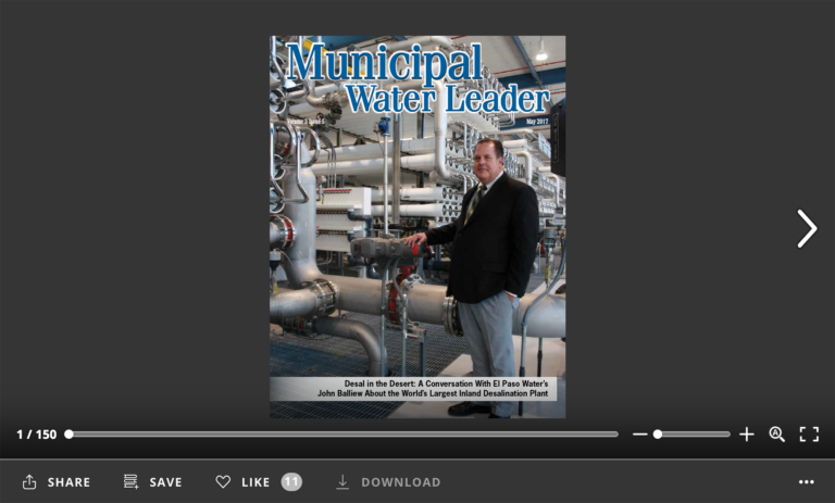 Screenshot of flipbook PDF reader for Municipal Water Leader May 2017. Volume 3 Issue 5.