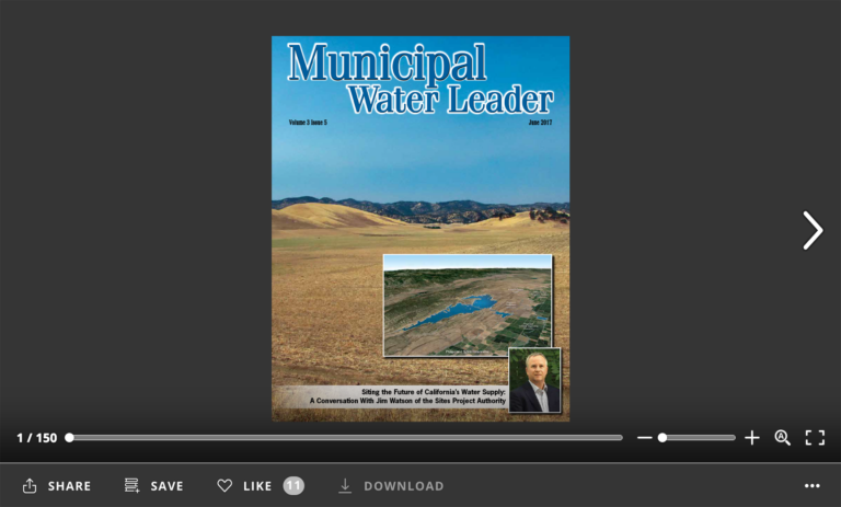 Screenshot of flipbook PDF reader for Municipal Water Leader June 2017. Volume 3 Issue 6.