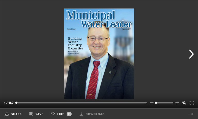 Screenshot of flipbook PDF reader for Municipal Water Leader September 2017. Volume 3 Issue 8.