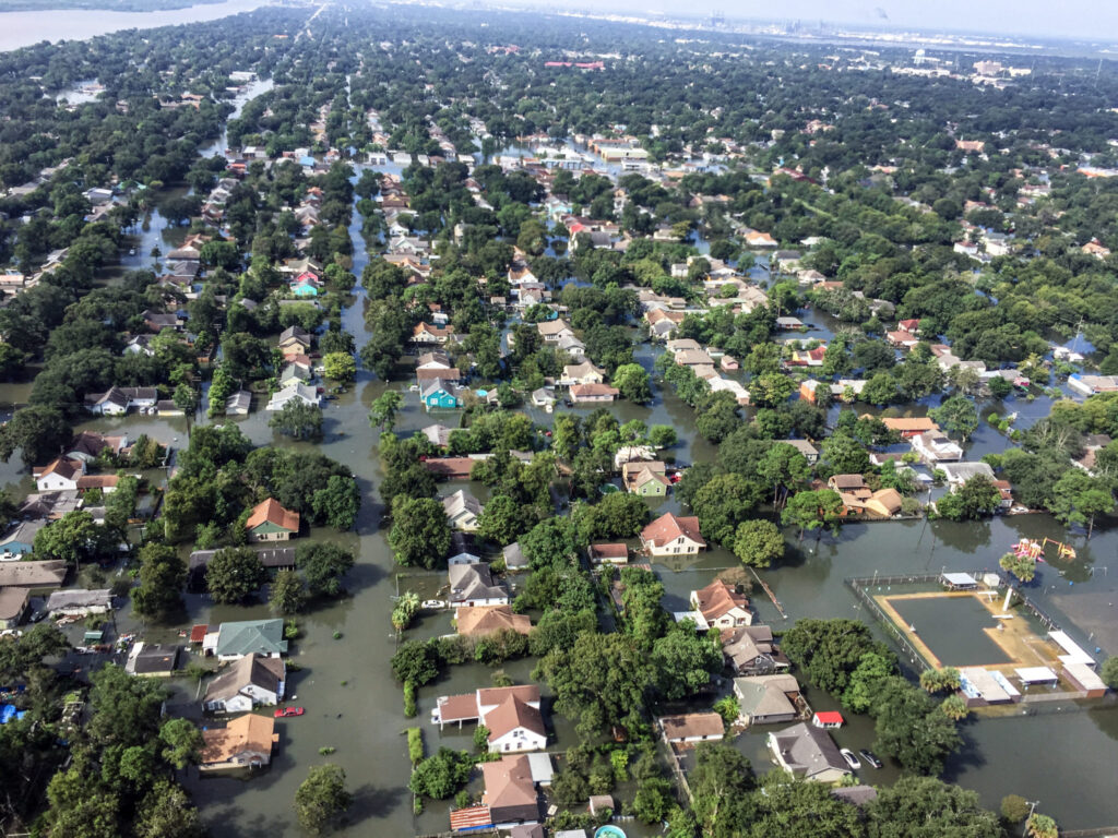 Aerial photo of flooding in a Texas suburb cause by Hurricane Harvey