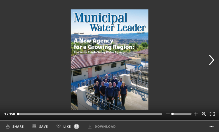 Screenshot of flipbook PDF reader for Municipal Water Leader October 2018. Volume 4 Issue 9.