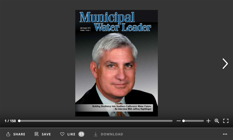 Screenshot of flipbook PDF reader for Municipal Water Leader July/August 2015. Volume 1 Issue 1.