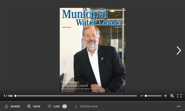 Screenshot of flipbook PDF reader for Municipal Water Leader September 2018. Volume 4 Issue 8.